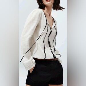 Ann Taylor LOFT Cream and Black Lightweight Crepe Long Sleeve Blouse